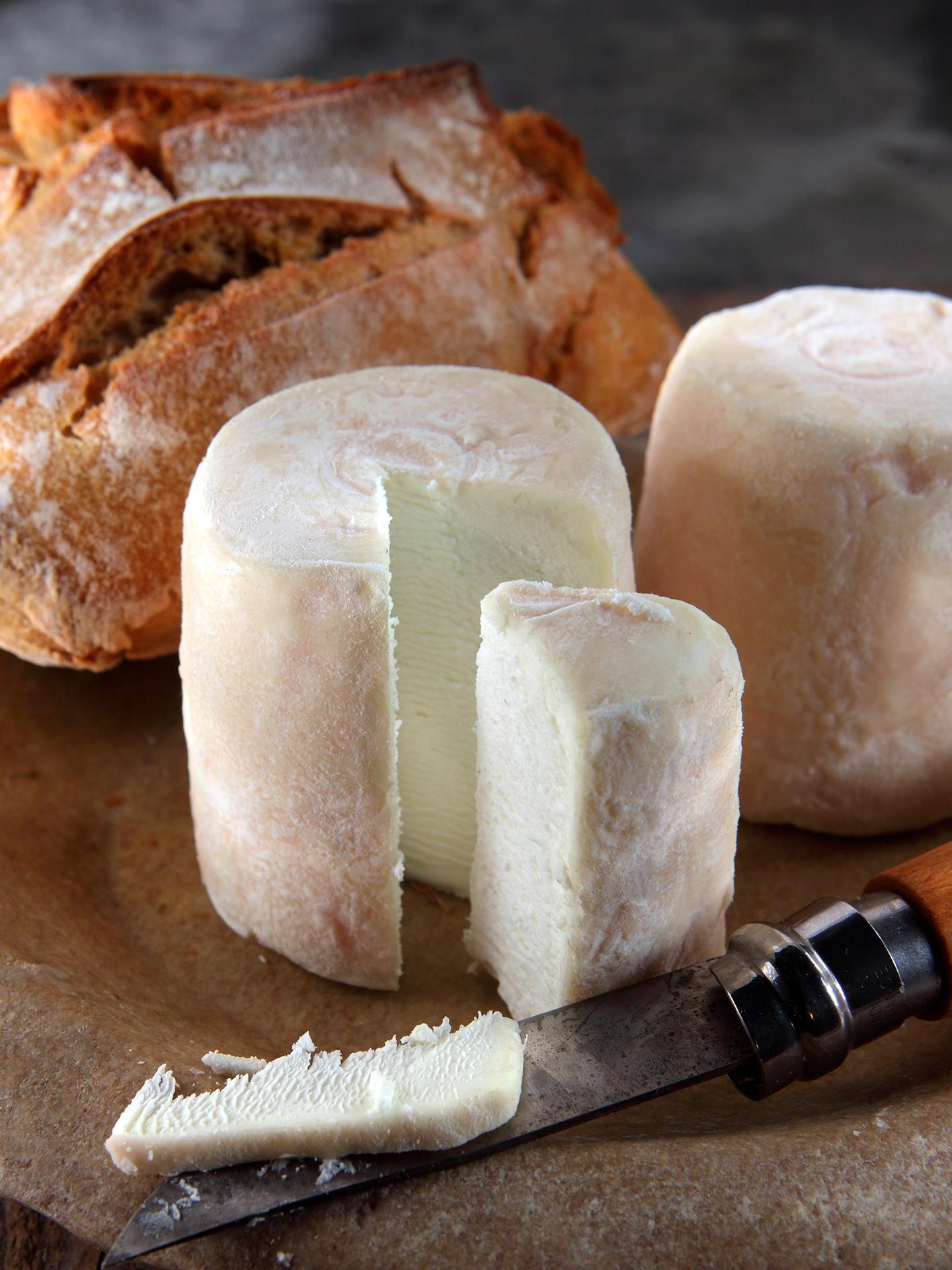 Plateau de fromages avec du pain sur une planche en bois