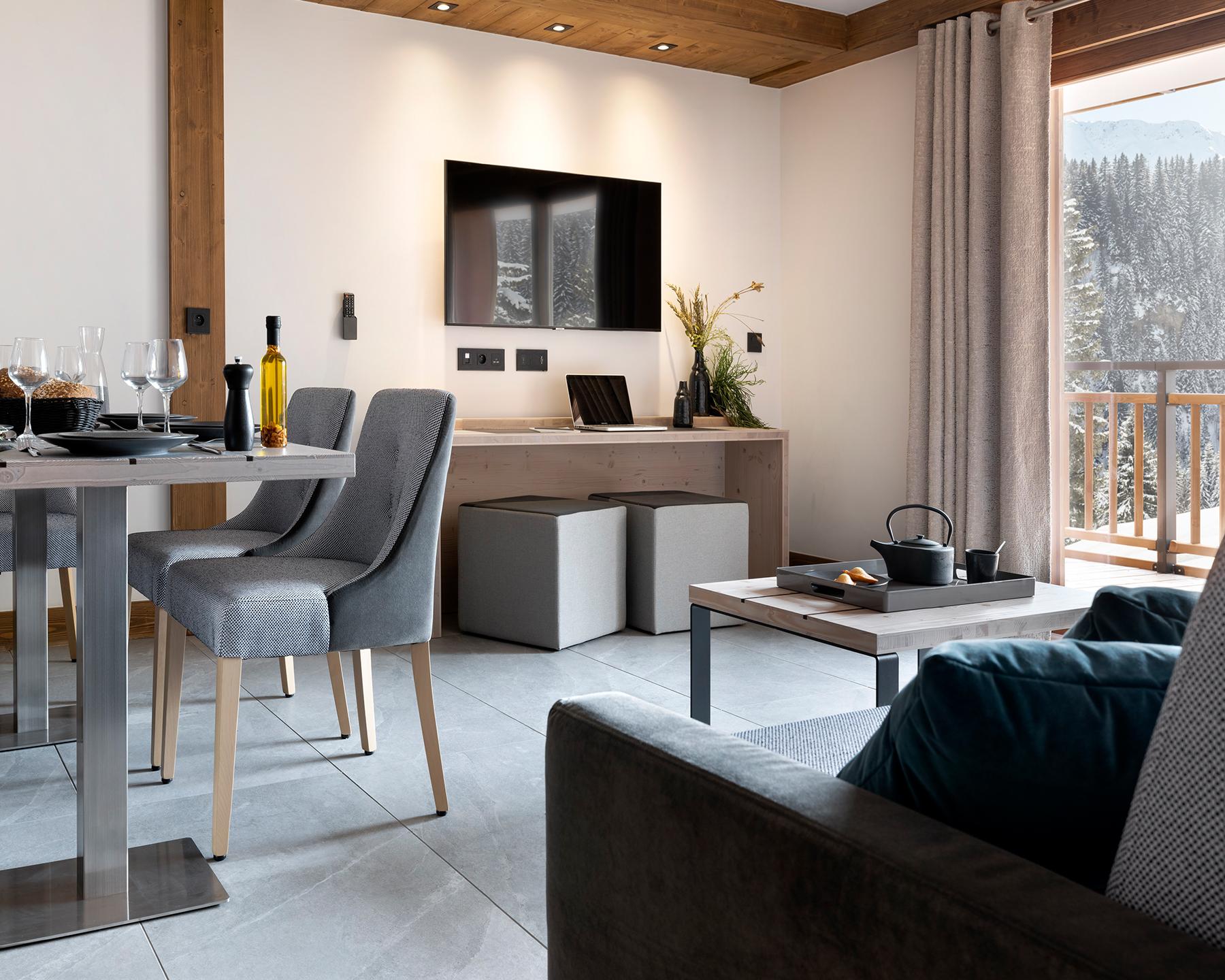 Pièce à vivre du 3P6 Prestige aux Chalets Láska, situés aux Contamines-Montjoie