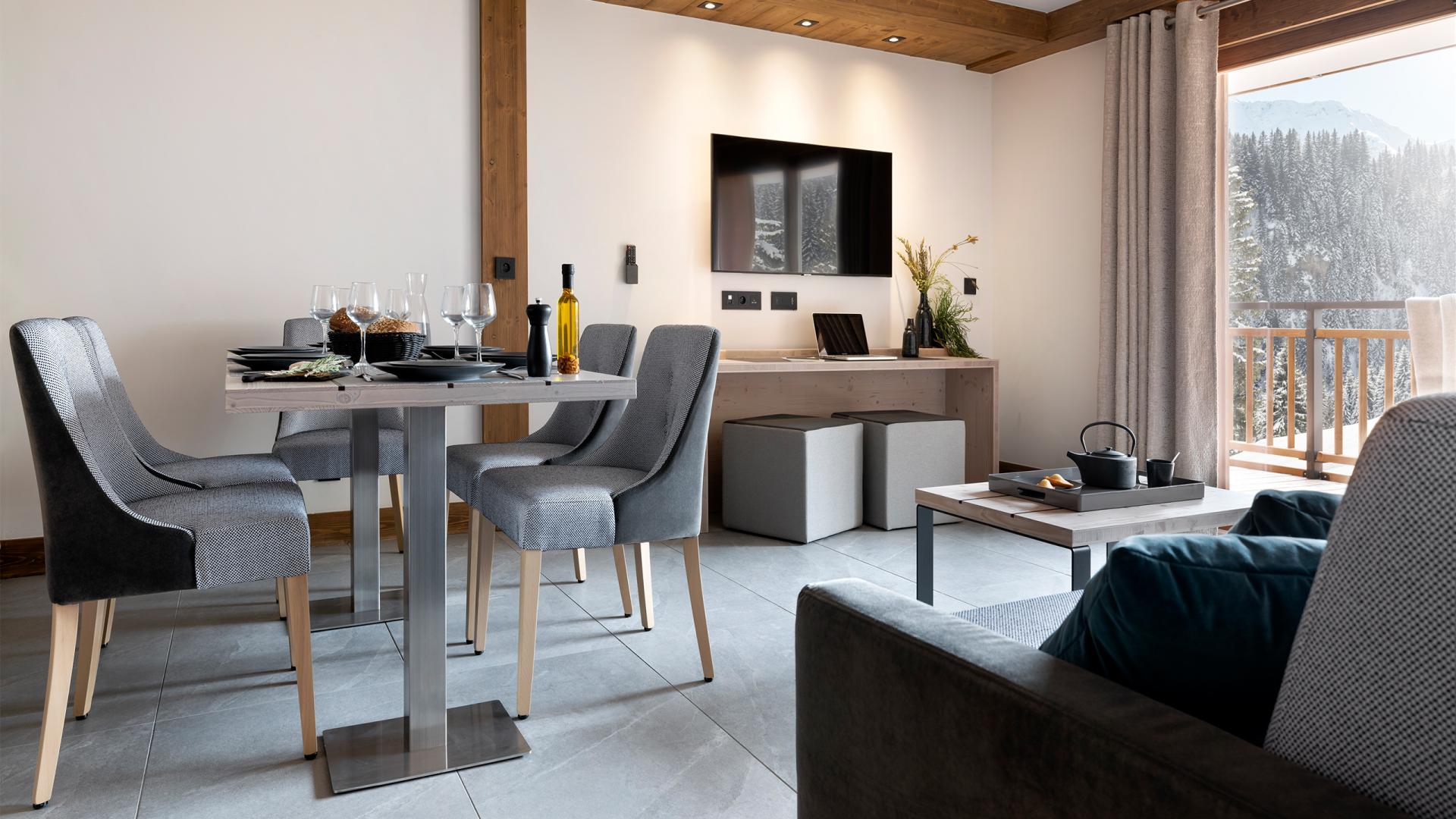 Pièce à vivre du 3P6 Prestige des Chalets Láska, situés aux Contamines-Montjoie